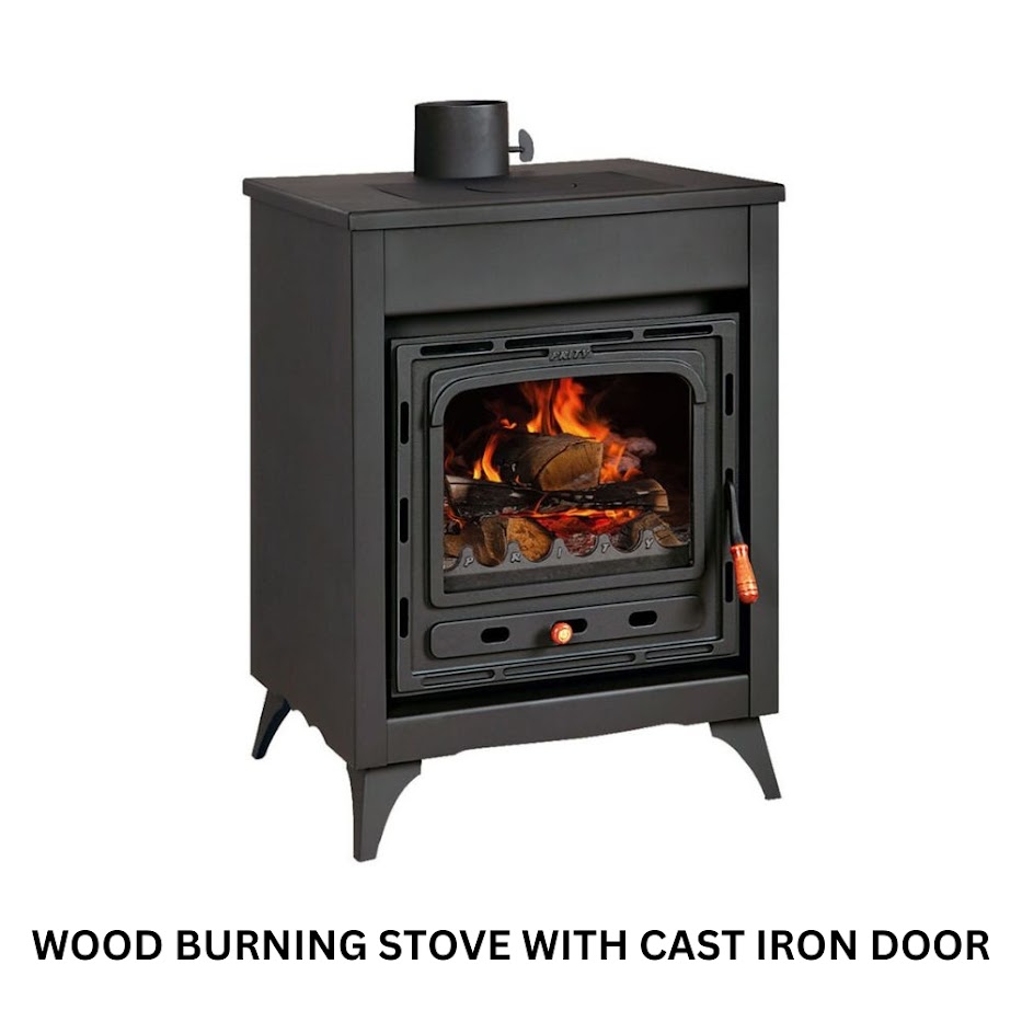 Wood burning stove with cast iron door